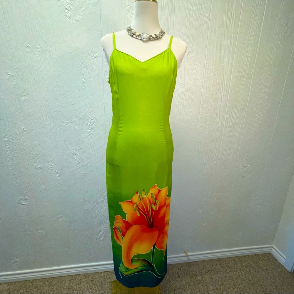 Vibrant Green Dress with Orange Floral Design by  Dorothy Schoelen!